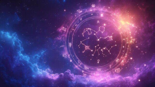 Cosmic artwork with vibrant nebulae and an astrological zodiac - Powered by Adobe