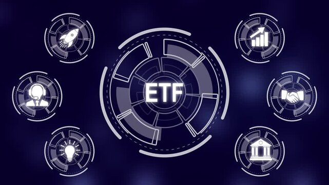 Exchange traded fund stock market trading investment financial ETF concept. a futuristic holographic advanced HUD circle platform Business, Technology network background concept.