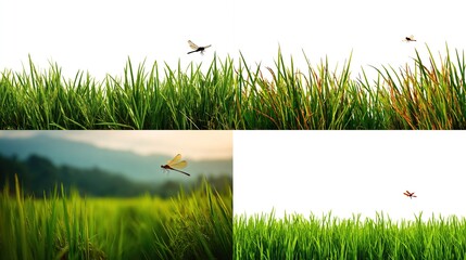 Collection of images close-up views of tall, green grass with dragonflies in flight; some on white background