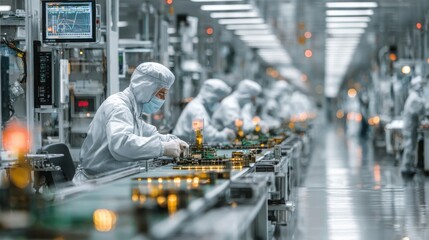 Workers in cleanroom suits assemble electronic components on a high-tech manufacturing line in a sterile, brightly lit factory environment.