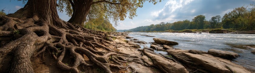 A scenic riverside landscape showing exposed tree roots on rocky terrain under a partly cloudy sky.