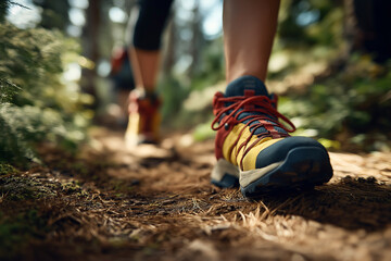 A close-up of a woman's legs in hiking shoes walking a sunlit forest trail, weaving through mossy rocks in a lush green mountain, captured from behind in serene motion.