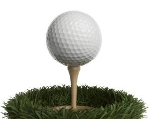White golf ball sitting atop tee on green grass, against a transparent background