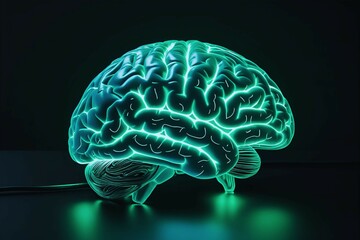Futuristic concept art of a human brain in profile view with blue glowing neural activity  |   illustration