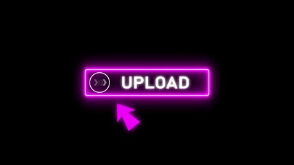 Glowing neon purple color white text cursor animation pointing towards upload button in looping with transparent background.