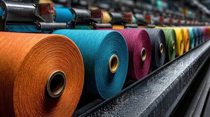 Colorful yarn spools lined up in a textile factory, ready for weaving or knitting processes.