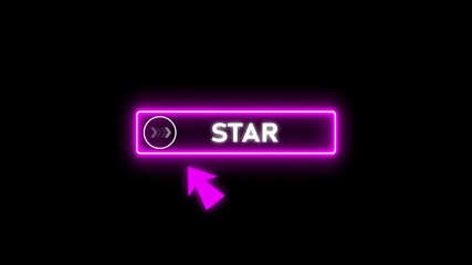 Glowing neon purple color white text cursor animation pointing towards start button in looping with transparent background. - Powered by Adobe