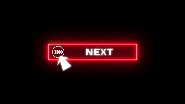 Glowing neon red color white text cursor animation pointing towards next button in looping with transparent background.