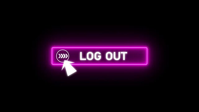 Glowing neon blue color white text cursor animation pointing towards log out button in looping with transparent background.