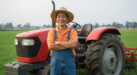Photo of asian farmer smiles in front of his tractor in the field