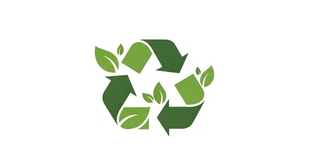 A stylized illustration of a recycling symbol with green leaves, representing environmental sustainability.