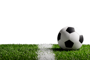 soccer ball resting on the edge of green turf, isolated on a transparent background for sports-related designs, marketing, and athletic-themed graphics.