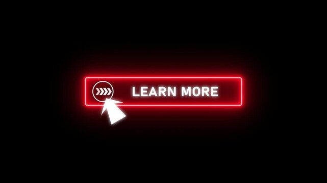Glowing neon red color white text cursor animation pointing towards learn more button in looping with transparent background.