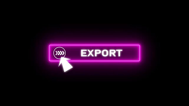 Glowing neon red color white text cursor animation pointing towards export button in looping with transparent background.