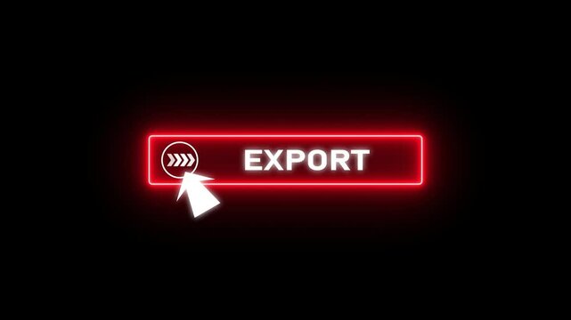 Glowing neon red color white text cursor animation pointing towards export button in looping with transparent background.