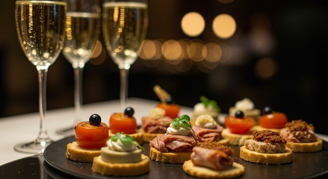 Champagne and appetizers celebration food - Powered by Adobe