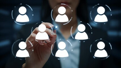 Woman Interacting with Glowing Network Icons on Dark Blue Background for Digital Connectivity and Business Concept - Powered by Adobe