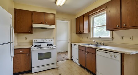 A well-lit kitchen interior featuring cabinets, appliances, and a window.