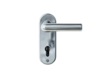 Modern metallic door handle with lock and keyhole on transparent background, ideal for interior design layouts, real estate promotions, or hardware catalogs.