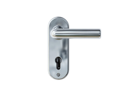 Modern metallic door handle with lock and keyhole on transparent background, ideal for interior design layouts, real estate promotions, or hardware catalogs.