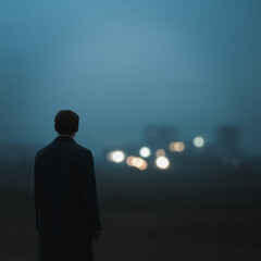 Fototapeta premium Solitary Reflection: A contemplative figure stands alone, enveloped in a moody atmosphere. silhouetted against the soft glow of distant lights in this artistic photograph.