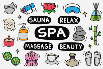 set of spa doodle with color good for background, wallpaper, element design, icon, etc