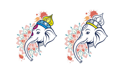 Lord Ganesh Head with Mandala and Color Splash – Vector Illustration