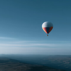 Fototapeta premium Hot Air Balloon Ascent: A colorful hot air balloon floats gracefully against a vast, azure sky, offering a breathtaking aerial perspective of the distant landscape below.