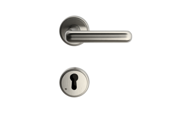 Modern metallic door handle with lock and keyhole on transparent background, ideal for interior design layouts, real estate promotions, or hardware catalogs. - Powered by Adobe