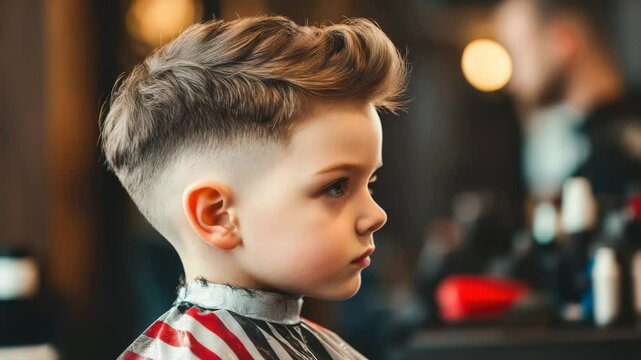 Boy haircut child hairstyle barber shop side profile trendy modern stylish short sides hair salon kid haircut fresh haircut hairdresser grooming hair care youth indoors close up fashion styling