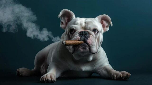 Bulldog dog pet with cigar smoke lying down relaxed white domestic animal funny portrait showing calm confident expression dark background close up wrinkled face humorous smoke rising studio setting