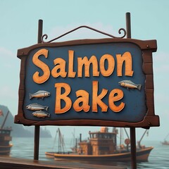 Salmon bake sign is displayed. Scenic lake background with fishing boats is visible in the background