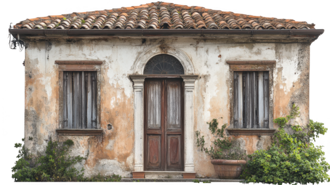 Old Weathered House With Rustic Window Shutters