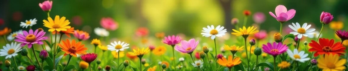 Wildflower patch, diverse blooms, natural light, plant, color