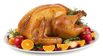 Photo of a roasted turkey is decorated with fruit, isolated on white background