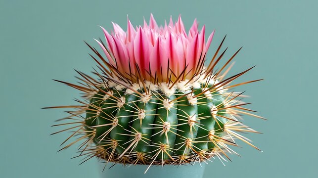 Pink blossomed notocactus mammulosus with spiky thorns, closeup view
