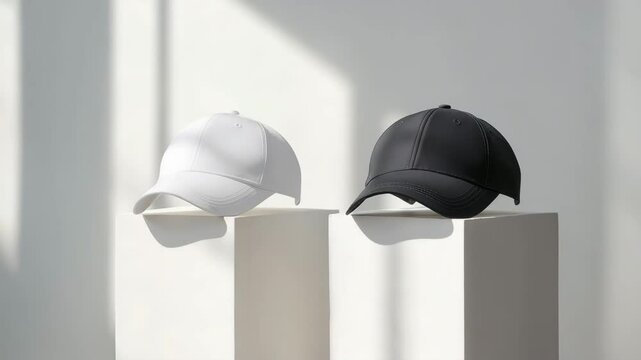 Baseball cap set featuring black cap and white cap displayed on white pedestal with soft natural light highlighting modern minimal fashion accessory casual style and clean design curved brim shadows