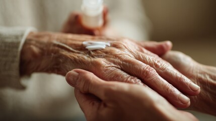 Fototapeta premium An elderly person's hand is being gently held while lotion is applied, symbolizing care and compassion.
