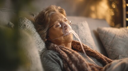 Elderly woman resting on a couch with an oxygen mask, illuminated by warm light, suggesting a moment of care and health monitoring at home.