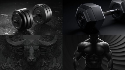 Gym-themed collage dumbbells, muscular bodybuilder, and carved buffalo head
