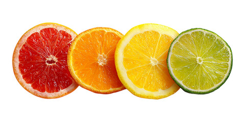 Fototapeta premium Colorful sliced citrus fruits including orange, lime, lemon, and grapefruit arranged in a row on transparent background.