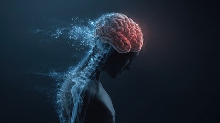 A digital illustration of a human brain and spine dissolving into particles, symbolizing cognitive decline or neurological deterioration.
