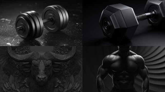 Gym-themed collage dumbbells, muscular bodybuilder, and carved buffalo head
