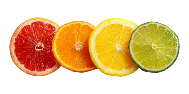 Colorful sliced citrus fruits including orange, lime, lemon, and grapefruit arranged in a row on transparent background.
