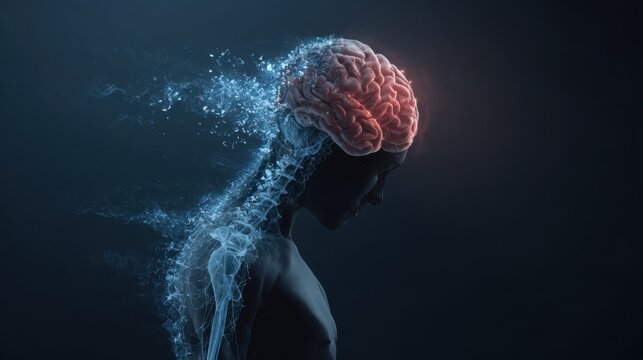A digital illustration of a human brain and spine dissolving into particles, symbolizing cognitive decline or neurological deterioration.