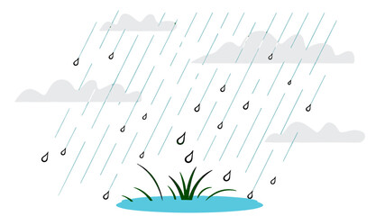 Rainy Day Illustration with Clouds, Raindrops, and Grass with Puddle