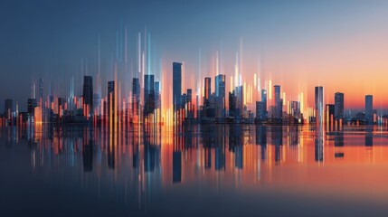 Fototapeta premium A futuristic cityscape at sunset with vertical light streaks reflecting on calm water, blending modern architecture with a digital, abstract aesthetic.