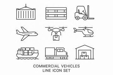 Fototapeta premium Commercial Vehicles Line Icon Set – Thin Linear Vector with Cargo Truck, Forklift, Drone, Plane, Train, Ship and Warehouse Symbols