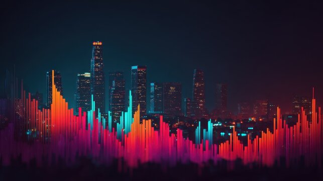 A vibrant city skyline at night is overlaid with colorful digital equalizer bars, blending urban architecture with futuristic soundwave visuals.