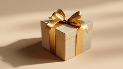 A stylish gift box wrapped in textured beige paper with a shiny golden ribbon and bow, casting a soft shadow on a smooth neutral background.